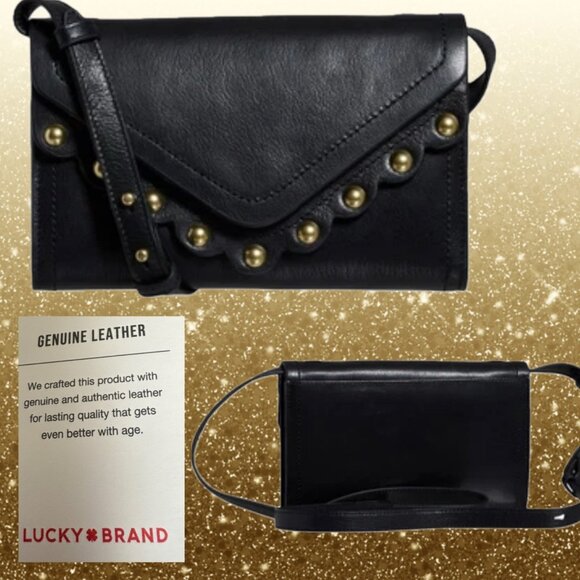 Lucky Brand Black Leather Studs Double Scalloped Flap Snap Closure Crossbody Bag - Picture 1 of 9